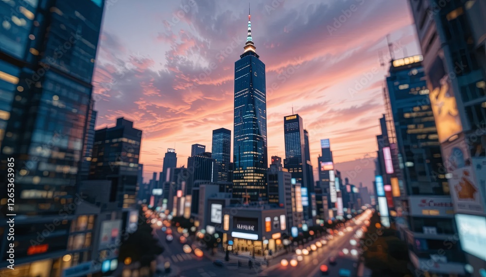 Obraz premium Sunset cityscape urban landscape digital image evening aerial view gigapixel cgi