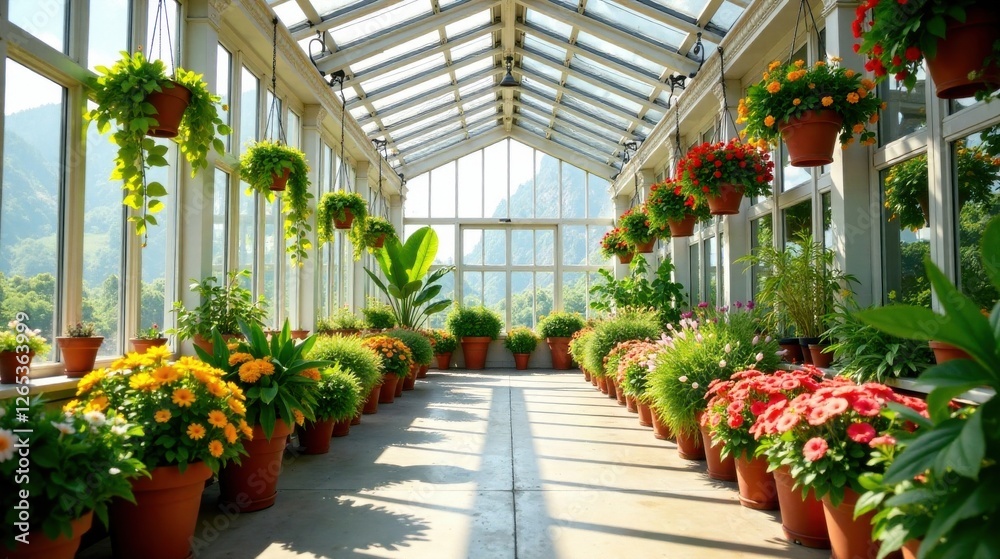 Fototapeta premium Sunlit Conservatory Filled with Vibrant Blooming Plants in Terracotta Pots, Creating a Serene and Lush Indoor Garden