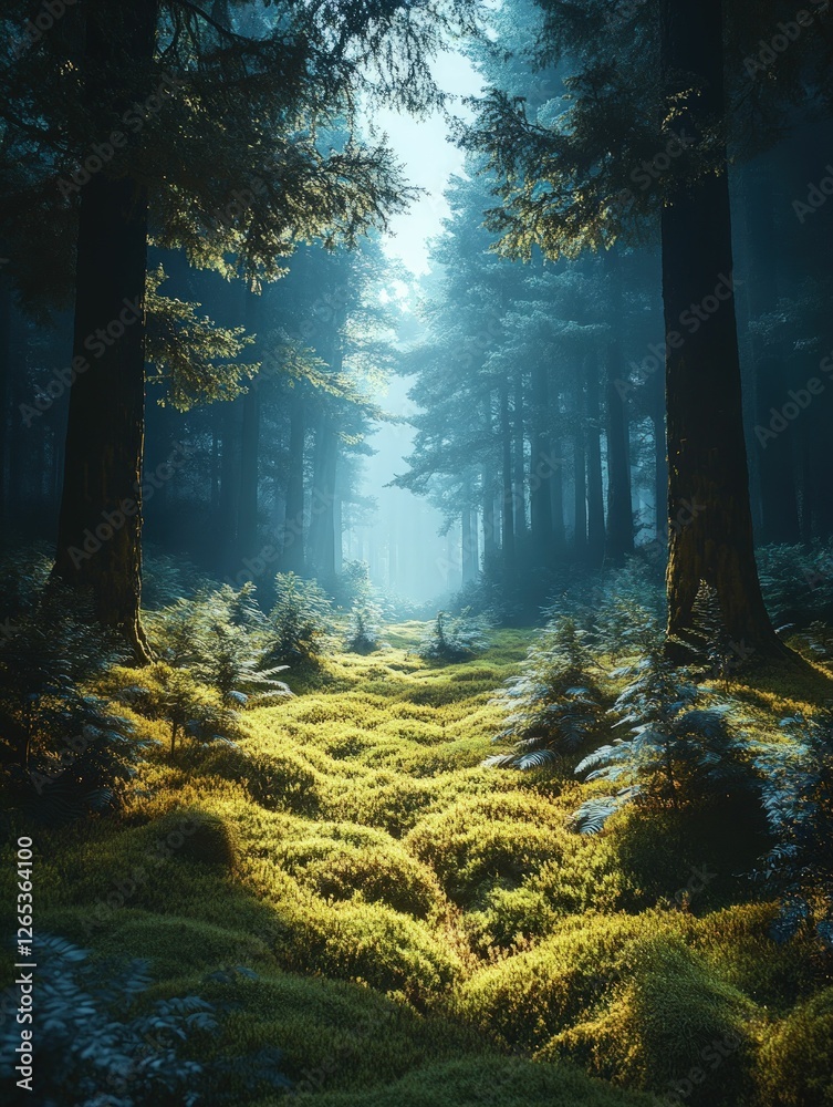 Fototapeta premium Sunlit path through mystical, moss-covered forest.
