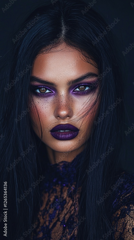 Close-Up of Beautiful Model with Purple Makeup Close-Up of Beautiful Model with Purple Makeup