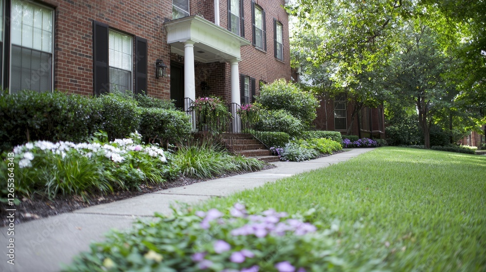 Fototapeta premium Brick apartment building entrance, landscaped walkway, summer