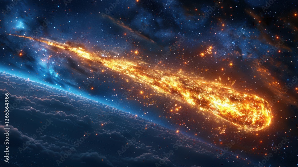 Fototapeta premium Fiery Comet Flying Through Space with Stars and Clouds
