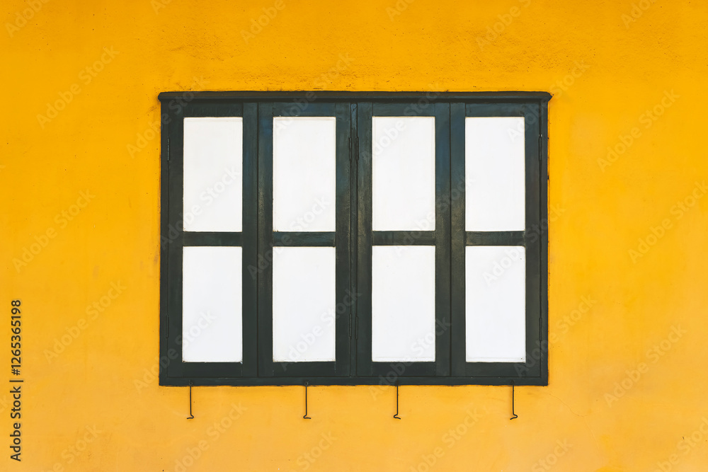 Obraz premium Classic old wooden windows with old metal shutter hook on edge. Old Closed vintage white and black wooden windows on the yellow cement wall. Simple, Beautiful and classic architecture of the house.