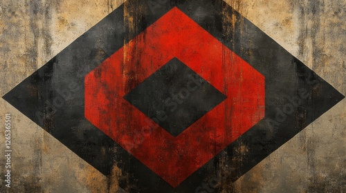 Bold geometric pattern featuring a striking red diamond shape against a weathered textured background