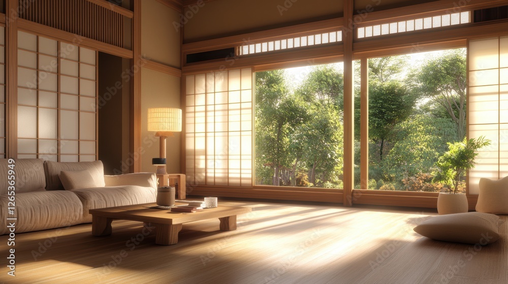 Peaceful japanese style living room with large garden view Peaceful japanese style living room with large garden view