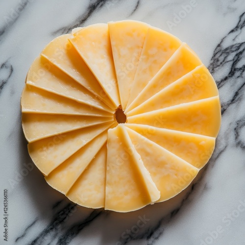 slices of Colby jack cheese arranged in a circular pattern on a marble surface