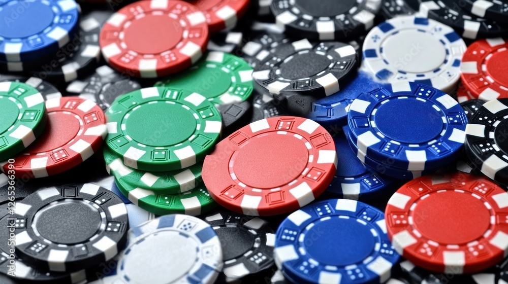 Casino chips scattered, gambling, table, close-up Casino chips scattered, gambling, table, close-up