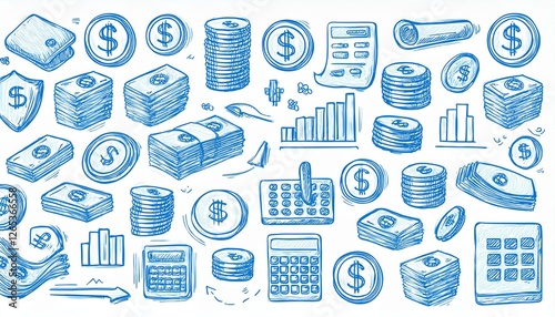 Hand drawn business icon set. Finance, money, investment icon sketch doodle blue pen stroke style. Business money, calculator, wallet element. perfect any project