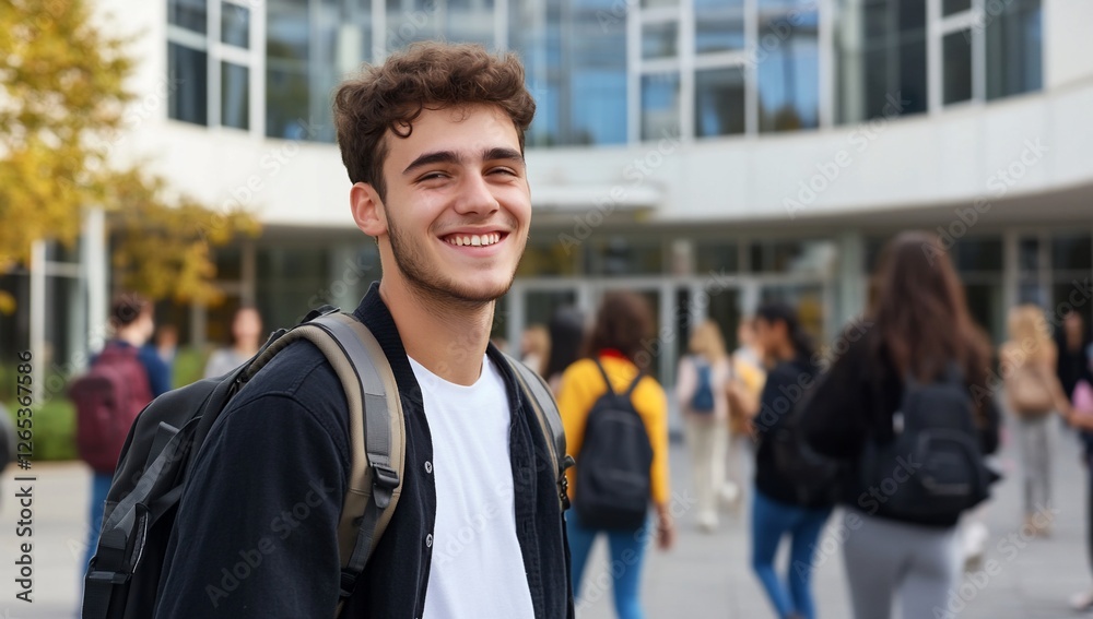 Young man smiling at school entrance with students walking by Young man smiling at school entrance with students walking by