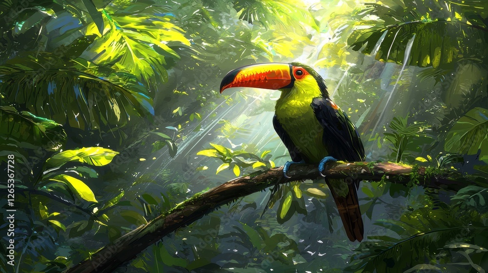 Obraz premium Vibrant Tropical Toucan Perched on Branch in Lush Green Jungle with Sunlight Filtering Through Leaves