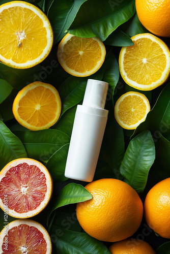 Skincare product in soft packaging among bright citrus fruits and fresh green leaves photo