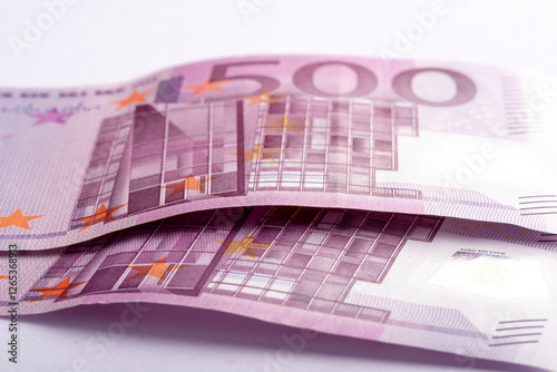 500 euro banknotes. Economics and finance. Two five-hundred-euro bills are stacked on top of each other. European currency. Close-up. The single currency of the European Union. Cash banknotes.