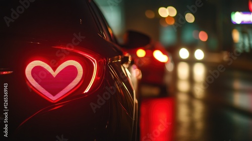 Heart-Shaped Taillight Radiating Affection on a Rainy City Night