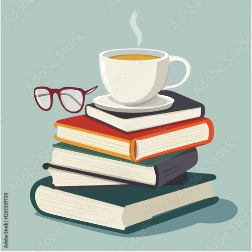 A vector of a stack of books with a cup of coffee and glasses