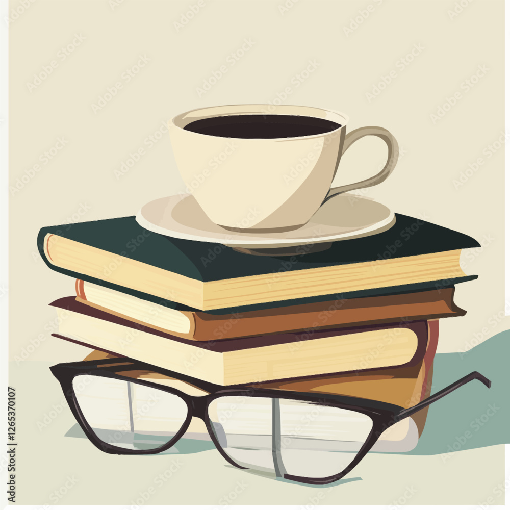 A vector of a stack of books with a cup of coffee and glasses A vector of a stack of books with a cup of coffee and glasses