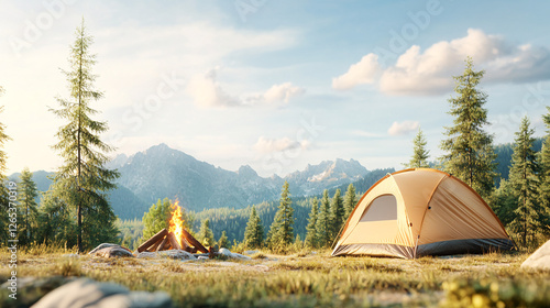 A summer road trip camping adventure in the forest with a tent pitched amidst nature's trees and a campfire.