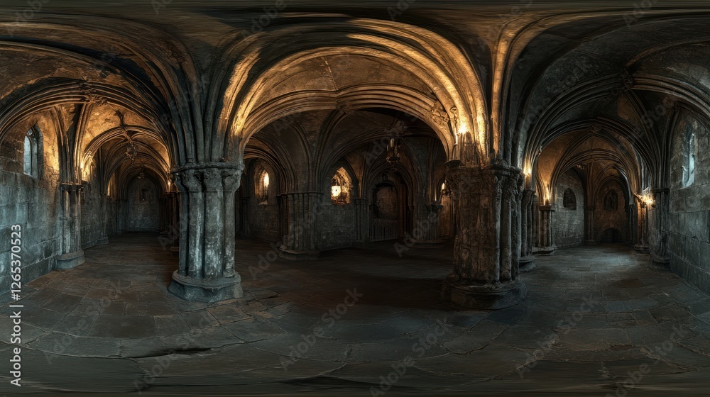 Gothic crypt 360? interior, stone arches, candlelight Gothic crypt 360? interior, stone arches, candlelight