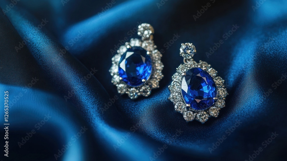 Sapphire earrings, silk, jewelry, luxury, glamour, photoshoot, blue backdrop, advertising Sapphire earrings, silk, jewelry, luxury, glamour, photoshoot, blue backdrop, advertising