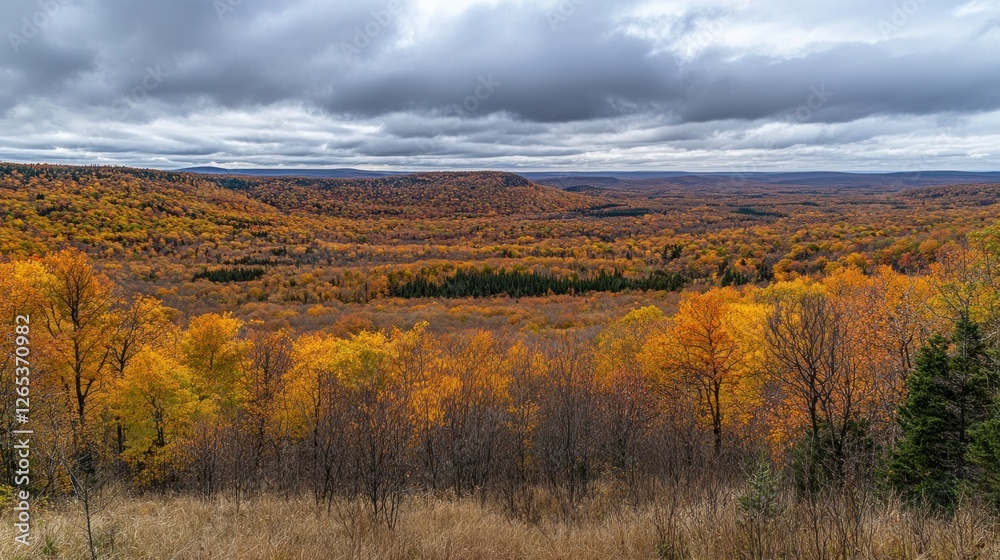 Autumn forest vista, hilltop view, cloudy sky Autumn forest vista, hilltop view, cloudy sky