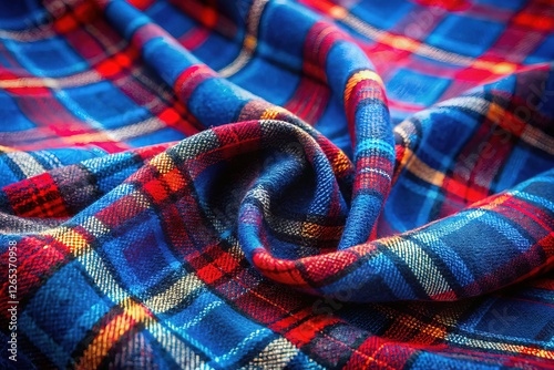 High-detail blue and red plaid flannel, sharp focus.