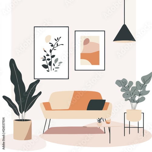A vector of a minimalist living room with plants and abstract art
