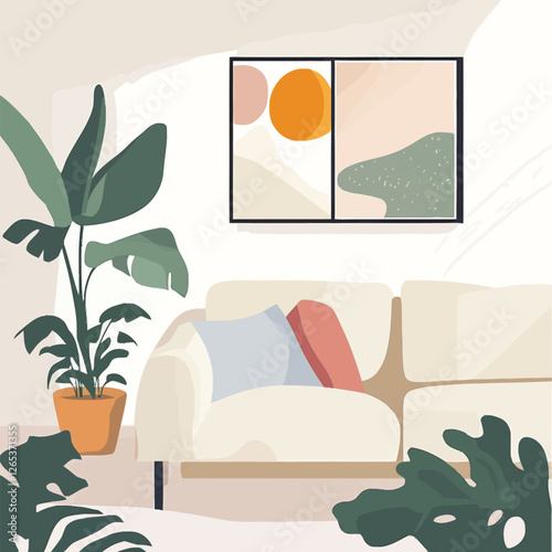 A vector of a minimalist living room with plants and abstract art