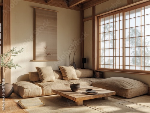 Warm and inviting japanese style living room with natural light