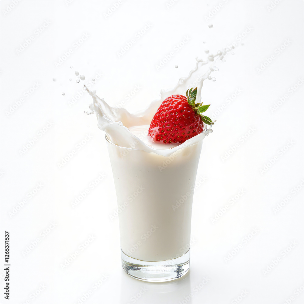 A vibrant red strawberry plunging into a glass of creamy milk, creating a dynamic splash with droplets frozen mid-air