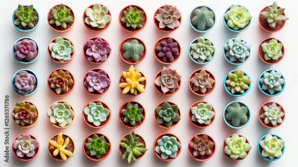 Vibrant Symmetrical Arrangement of Potted Succulents in a Bright Flat Lay Composition Vibrant Symmetrical Arrangement of Potted Succulents in a Bright Flat Lay Composition