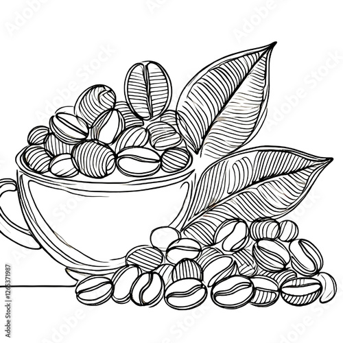 Coffee beans drawing, one continuous line, isolated on white background