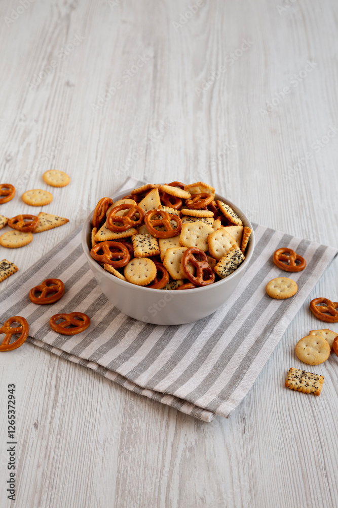 Homemade Salty Party Snack Mix in a Bowl, side view.
