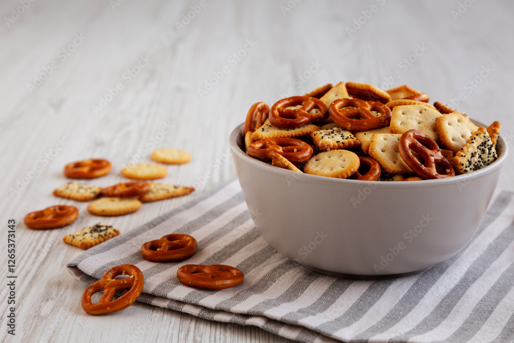 Homemade Salty Party Snack Mix in a Bowl, side view. Homemade Salty Party Snack Mix in a Bowl, side view.