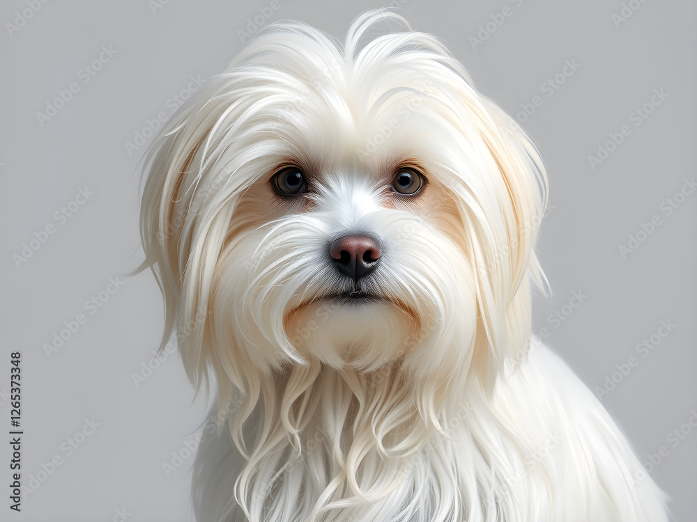 Realistic photo of a Maltese with a flowing coat, elegant and pristine Realistic photo of a Maltese with a flowing coat, elegant and pristine