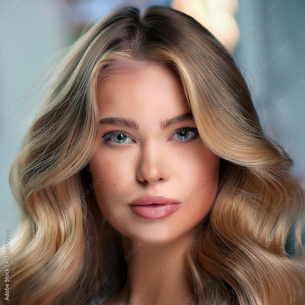 Obraz premium Close-Up Portrait of Woman with Wavy Blonde Hair