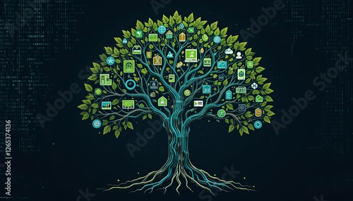 Digital tree of knowledge iconic data representation virtual environment infographic style