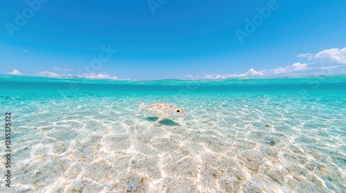 Underwater fish in shallow turquoise water, sunny day, tropical paradise, for travel, relaxation and serenity