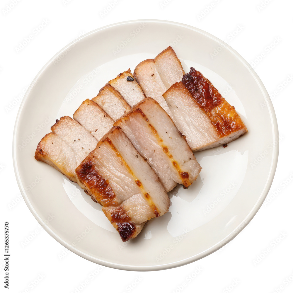 top view of a Samgyeopsal (grilled pork belly) served on a white plate, isolated on transparent background top view of a Samgyeopsal (grilled pork belly) served on a white plate, isolated on transparent background