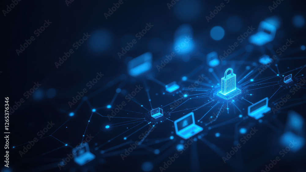 Obraz premium Blue cyber network with secure lock symbolizing digital security and protection of information.