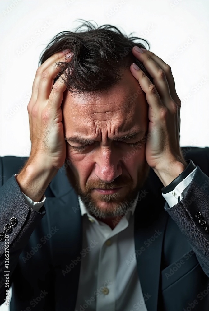 a businessman with headache or stress holding his head isolated on white background a businessman with headache or stress holding his head isolated on white background