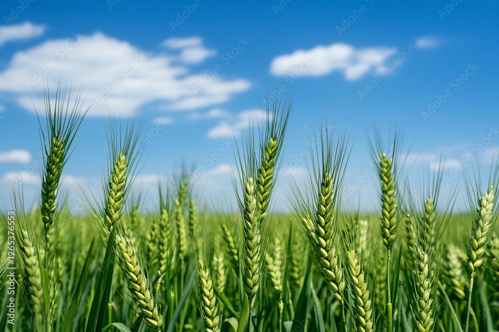 Lush green wheat field under a bright blue sky with fluffy clouds Lush green wheat field under a bright blue sky with fluffy clouds