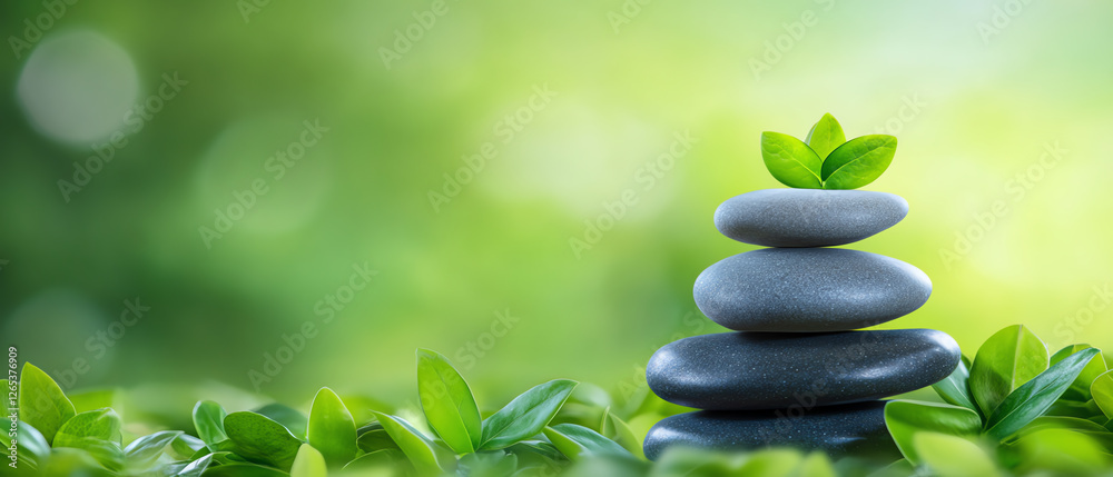 A serene arrangement of stacked stones with a vibrant green leaf sprouting from the top A serene arrangement of stacked stones with a vibrant green leaf sprouting from the top