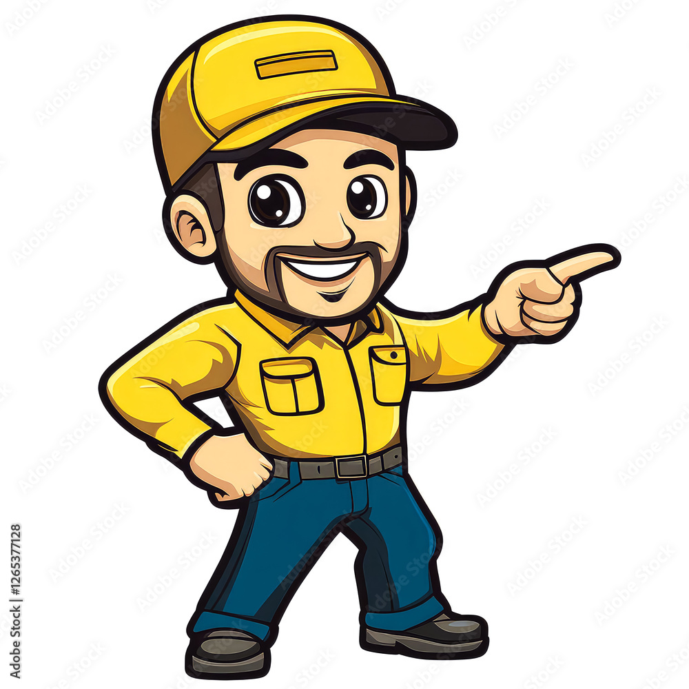 Friendly Cartoon Worker Pointing: Service, Support, and Assistance