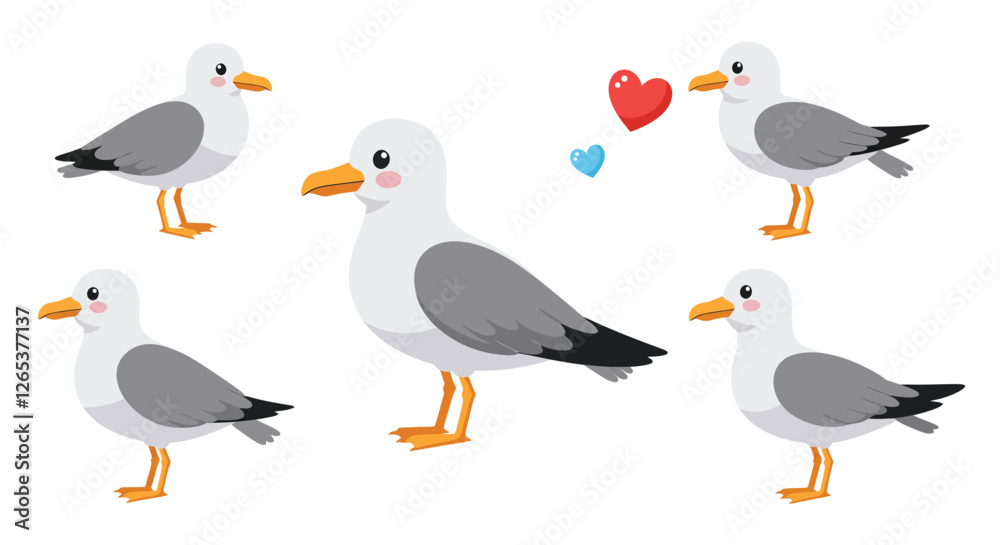 Obraz premium Seagulls displaying emotions in flat vector illustration style with colorful elements and playful expressions