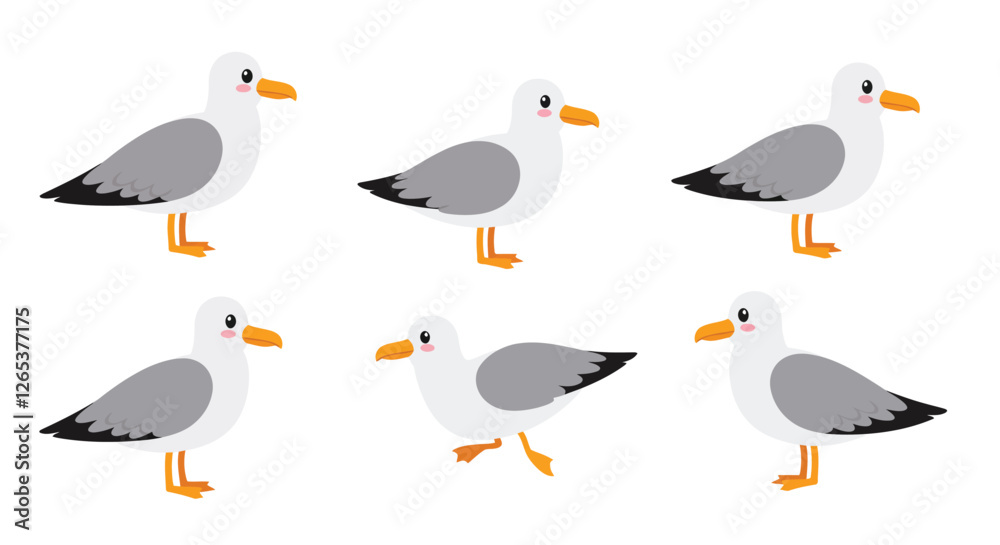 Obraz premium Seagulls in various poses depicted in flat minimal vector art