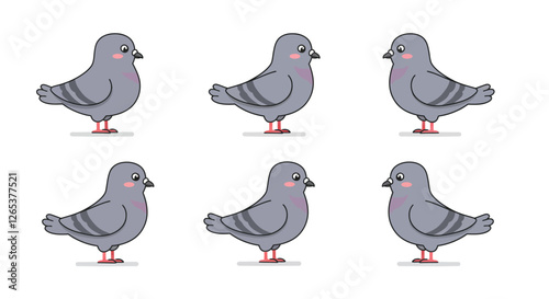 Playful gray pigeons in various poses with flat design elements and clean lines vector illustration