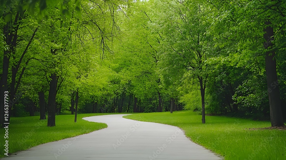 Winding Path Through Lush Green Trees in a Sunny Park Winding Path Through Lush Green Trees in a Sunny Park