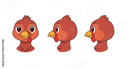 Cute cartoon turkey character design in flat style showcasing three different angles vector art