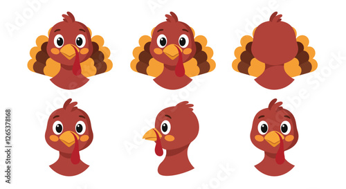 Colorful cartoon turkey character design in flat style showcasing different angles vector illustration