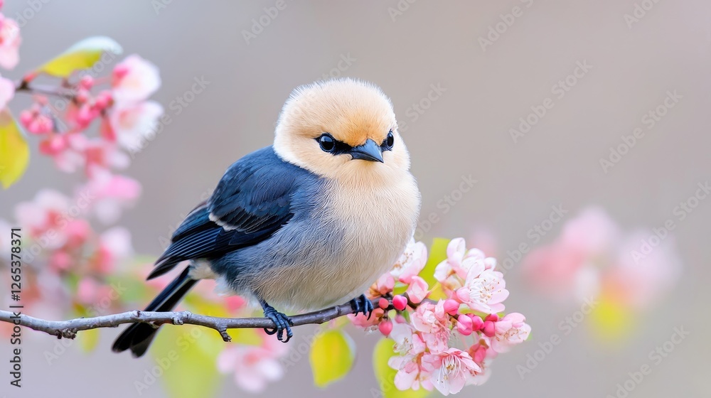 Obraz premium Small fluffy bird perches on a blooming cherry blossom branch during spring.