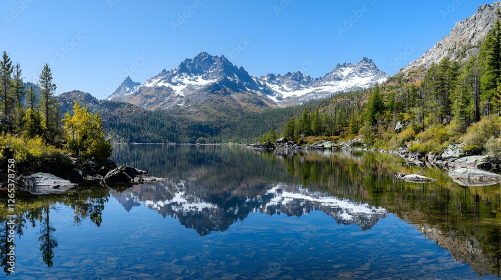 Serene Autumn Lake Reflection With Snow Capped Mountains Serene Autumn Lake Reflection With Snow Capped Mountains